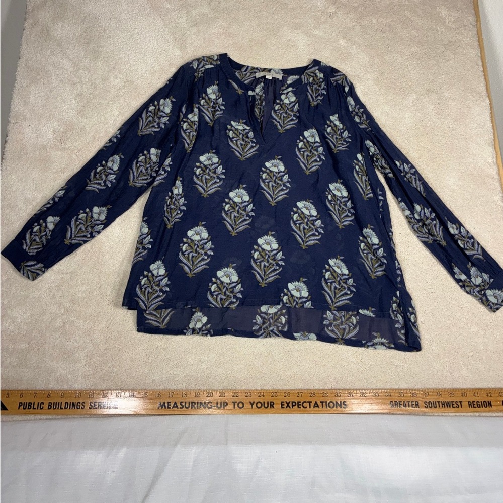 Ann Taylor LOFT Floral Split Neck Blouse Navy Blue Long Sleeve Top Large